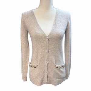 Garnet Hill Women's XS Beige Cashmere Embellished Cardigan Sweater